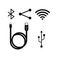 A set of icons for different types of communication between devices. Technology connection symbol. Information signs in vector gra